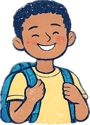 Ilustración de un niño sonriente con mochila, estilo crayón