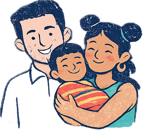 Ilustración de una familia: padre, madre y niño abrazados
